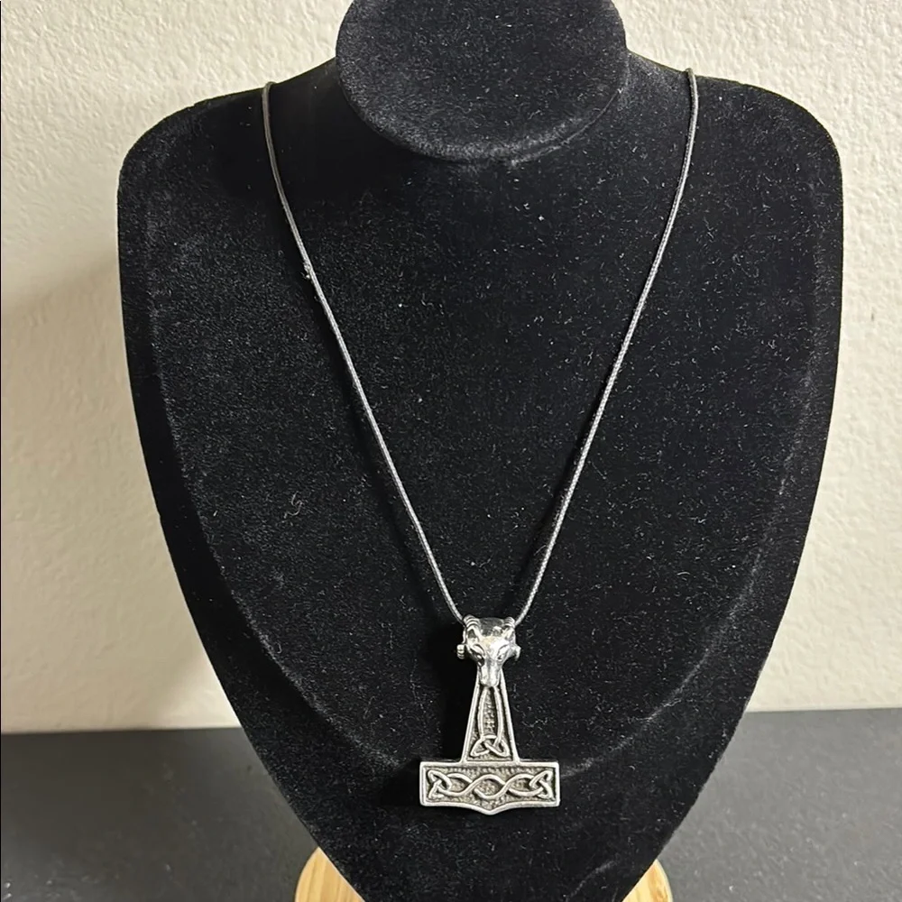 Leather Celtic Hammer Silver Pendant Necklace